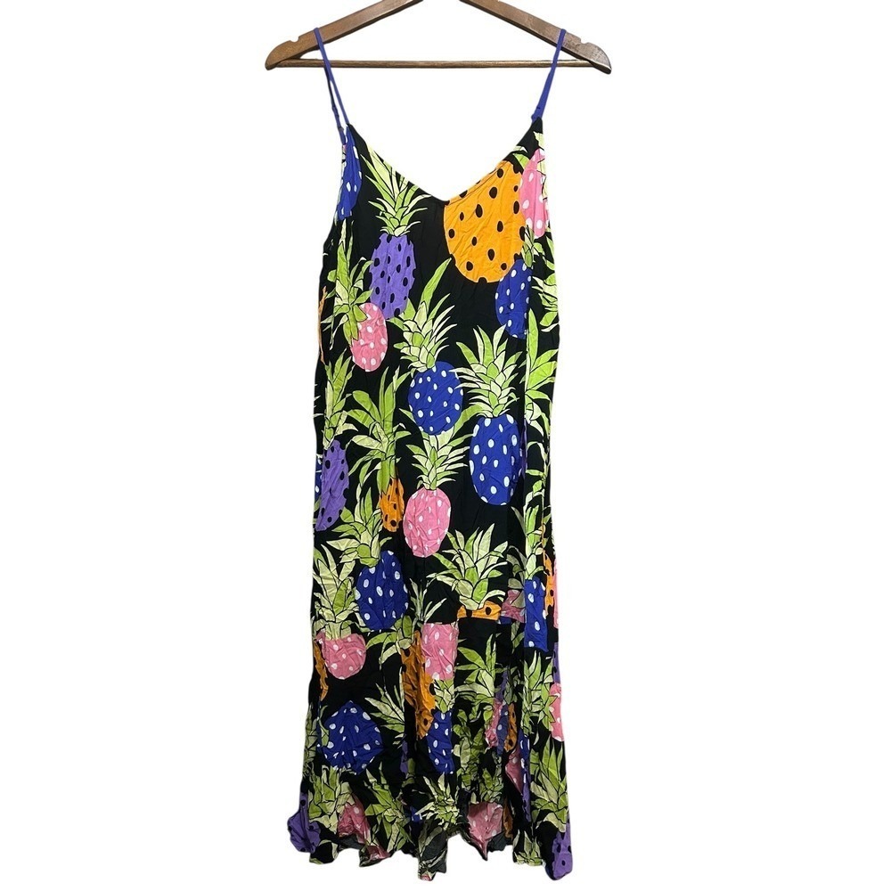 Beauty Sleep Social Pineapple Print Black Rayon Maxi sleep Dress Womens size med